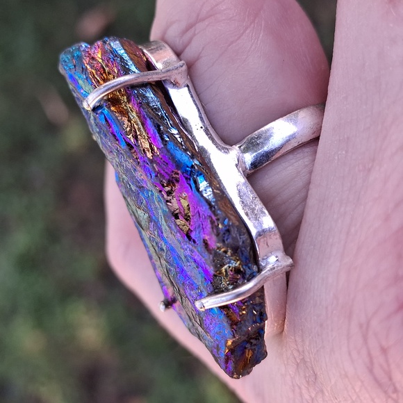New Rough Rainbow Titanium Crystal Quartz 925 Silver Statement Ring. - Picture 2 of 15